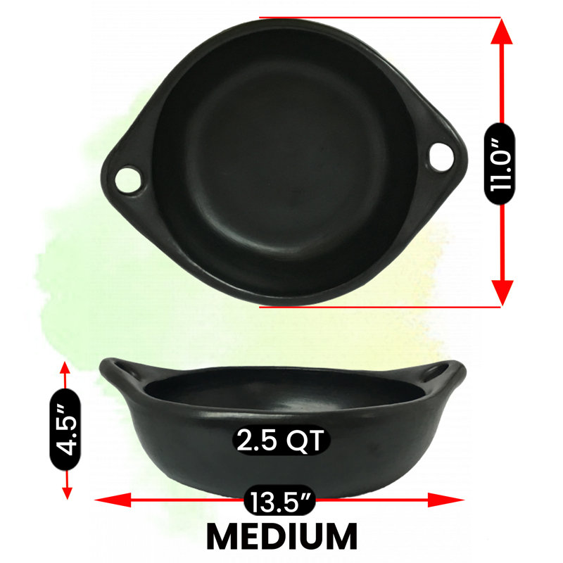 Medium Round Black Ceramic Clay Pot with Handles, 3 Quarts