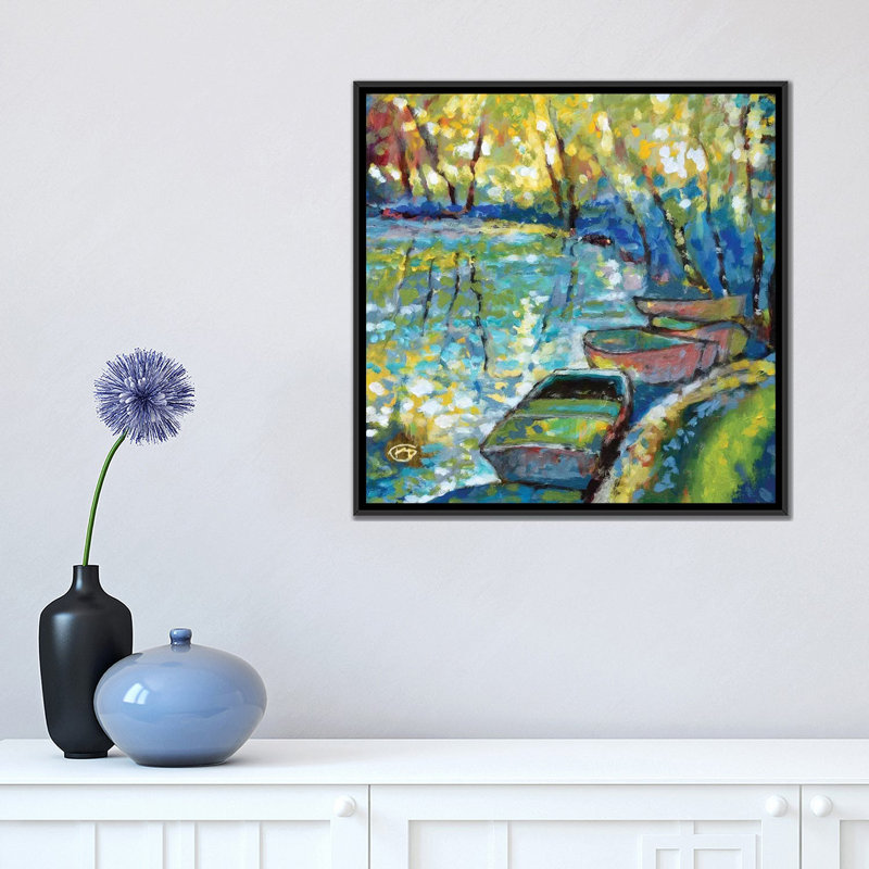 « summer bateau », impression sur toile, H 18 po x l 18 po x P 1,5 po, Toile avec cadre noir, Pas de tapis