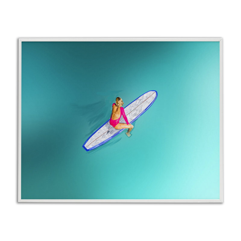 «Sitting on Peaceful Surfboard», art de la giclée par Amelia Noyes, Estampe numérique encadrée blanc bord de mer