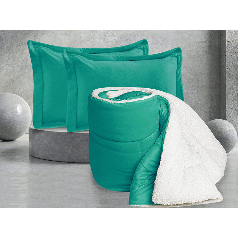 Mocassi Solid Sherpa Geometric Shapes Comforter, Turquoise, King Comforter + 2 King Shams