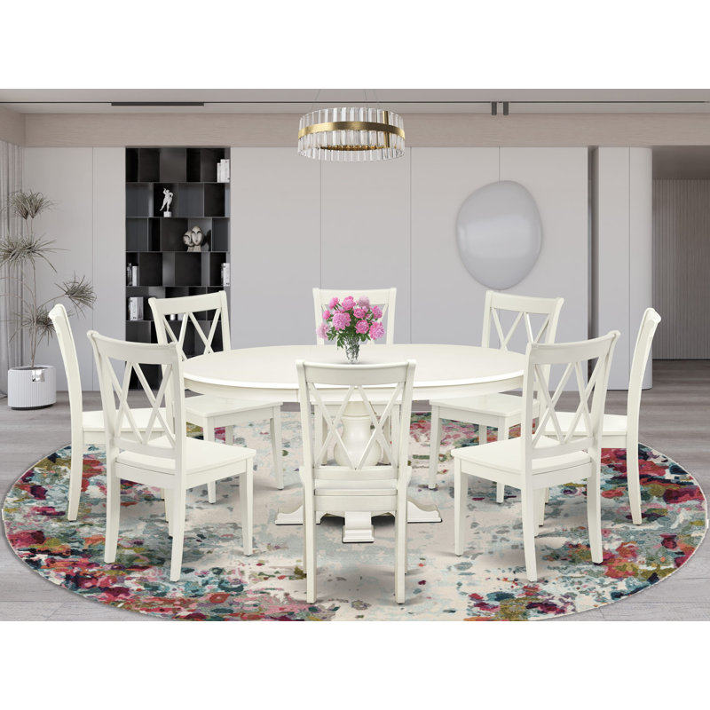 Ensemble de table de cuisine en bois massif 9 pièces comprenant une table de salle à manger avec rallonge et base piédestal, 8 chaises en bois, double dossier en X, lin blanc
