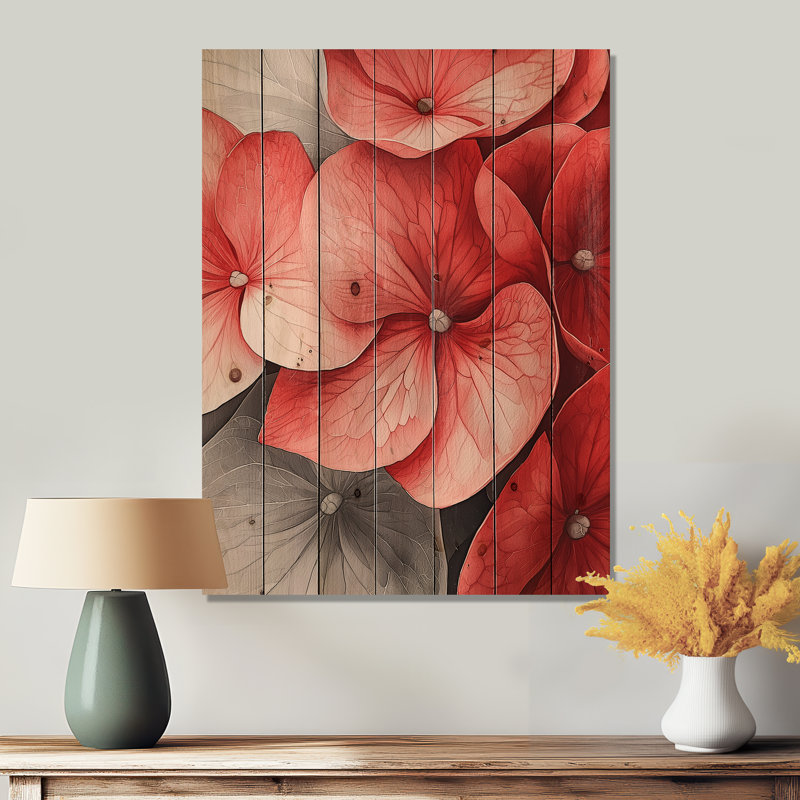 Monochrome Red Hydrangea Petal Accent II - Hydrangea Wood Wall Decor - On Natural Pine Wood, 40" H x 30" W x 0.78" D