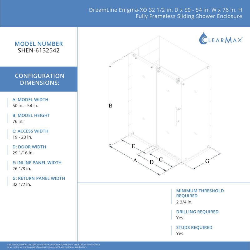 Enigma-XO 54" x 76" Single Sliding Frameless Shower Enclosure with Clear Max Technology, Polished Stainless Steel