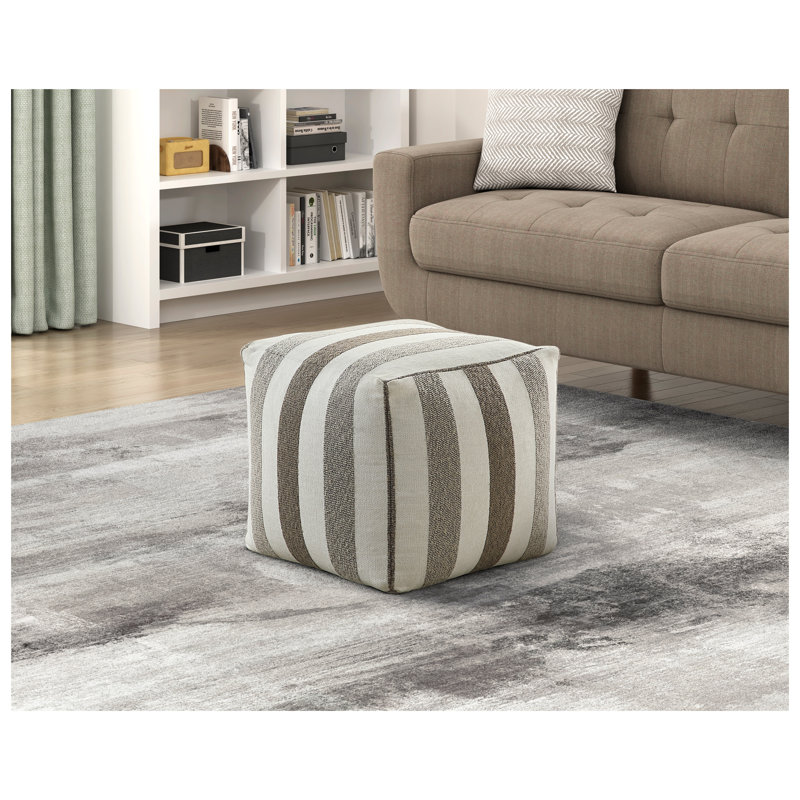 Repose-pieds pouf carré moderne en tissu jacquard avec fond antidérapant multicolore, Blanc cassé / rayé brun
