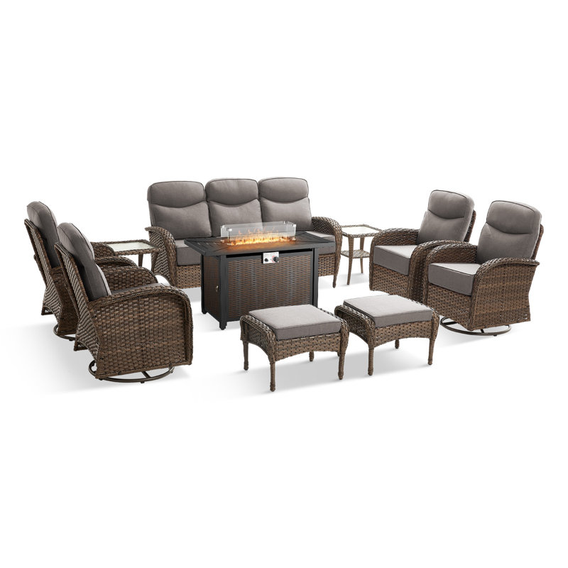 Himonia 10-Piece Outdoor Patio Furniture Set With Rectangle Metal Fire Pit Table, Rattan Wicker Swivel Gliders Set With 6" Thick Cushions