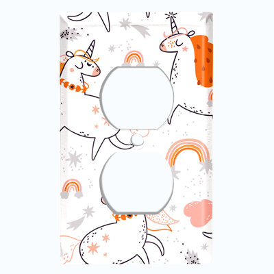 Metal Light Switch Plate Outlet Cover (Unicorn Orange Rainbow Star White    - Single Toggle)