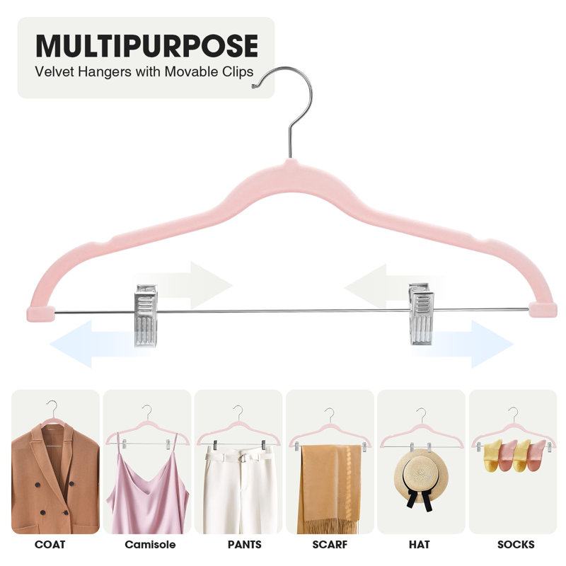Cintre en velours avec pinces réglables, feutre, antidérapant, peu encombrant, cintre mince pour pantalons, jupes, costumes, manteaux, robes Ect, paquet de 24, (rosé)