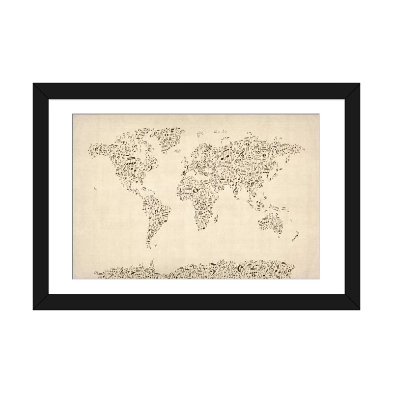 « music notes map of the world » par michael tompsett, impression sur toile, H 16 po x l 24 po x P 1 po, Blanc