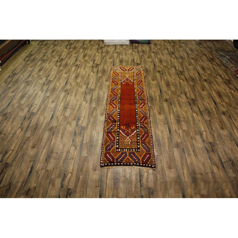 Tapis de couloir unique rouge / bourgogne en laine noué à la main de conception unique 3 pi 1 po x 11 pi 4 po Senac