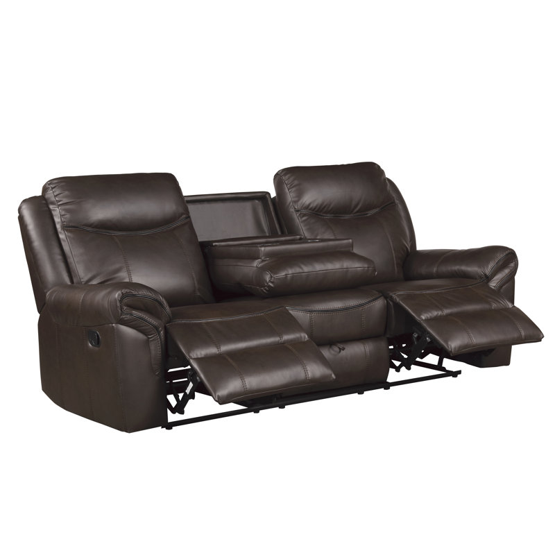 Bayshore 88.5" Modern & Contemporary Faux Leather Double Reclining Sofa with Integrated Drop-Down Console, Hidden Storage Drawer