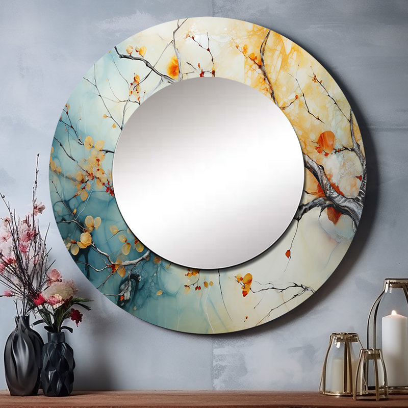 Orange brillant bleu sarcelle érable brillant I - érable grand miroir mural, miroir décoratif rond traditionnel, impression d'art en métal
