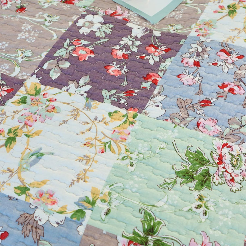  Sage/Purple Standard Cotton Embroidered Lightweight Quilt Set, King Quilt + 2 King Shams