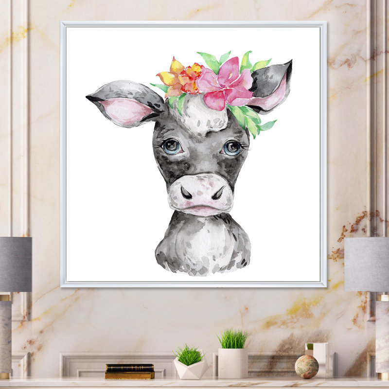 Mignonne caricature de vache, portrait floral - art mural pour enfants, décoration murale, H 36 po x l 36 po x P 1,5 po