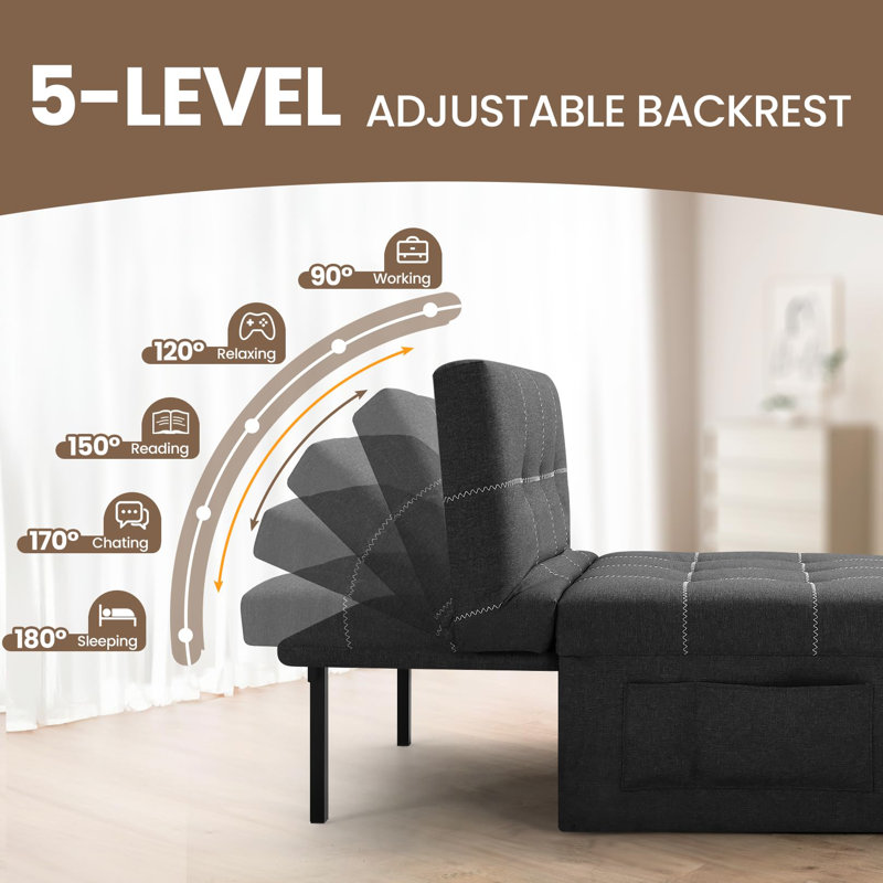 4-In-1 Multi-Function Folding Ottoman Breathable Linen Couch Bed With Adjustable Backrest & Pillow, Black