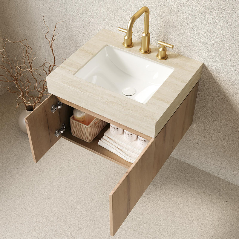 Meuble-lavabo 24 po avec plateau en pierre frittée, Chêne blanc, Beige