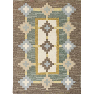 Tapis beige / gris style rétro Mid-Century 5 pi 10 po x 7 pi 10 po Vintage