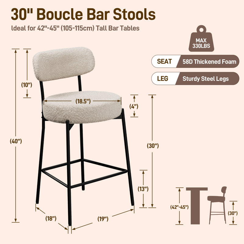 Tabouret de comptoir moderne à dossier courbé et rembourré, Grey, 2 Stools