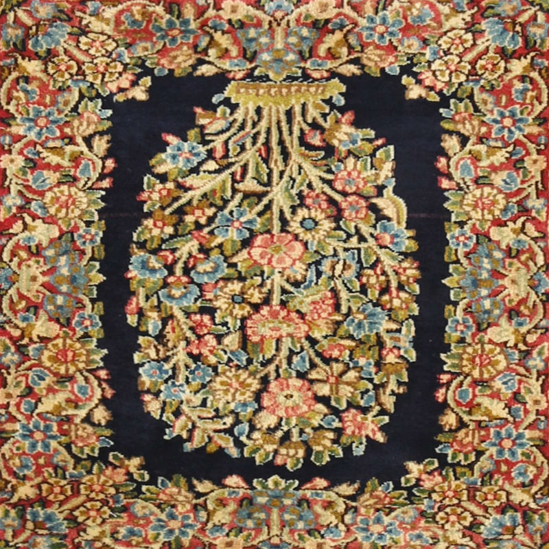 Tapis bleu citron mousseline/bleu/noir traditionnel, Rond 5 pi