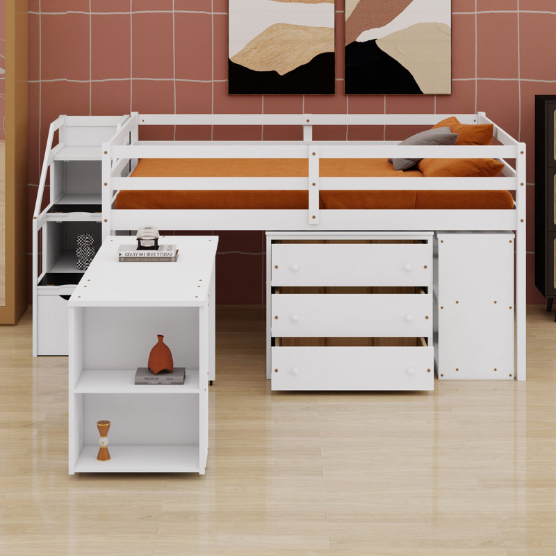 Lit mezzanine peu encombrant, bureau d'écriture, 3 tiroirs, escalier de rangement et tablettes pour la chambre à coucher