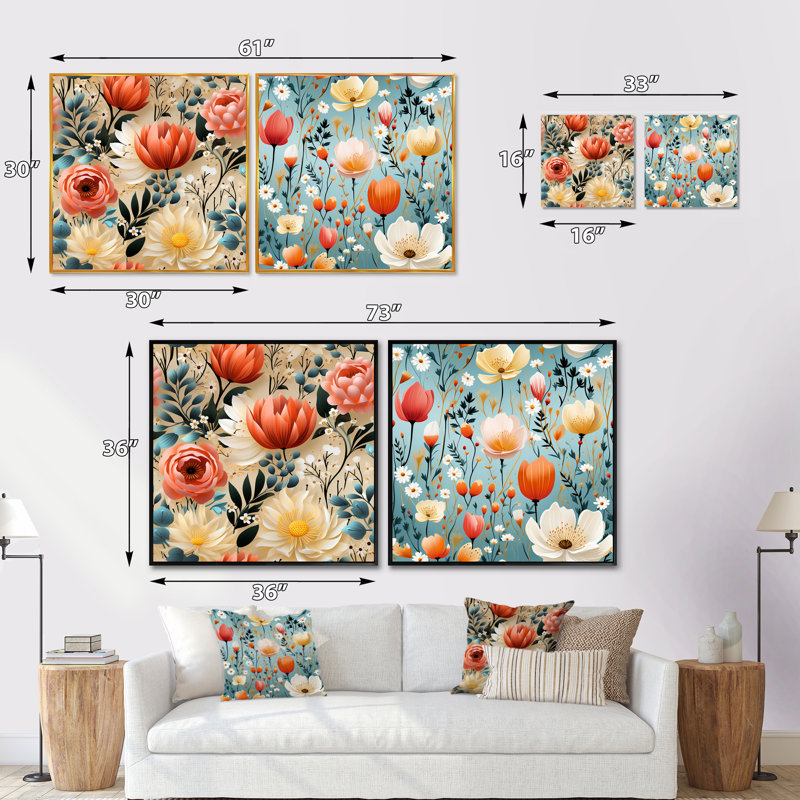 Dysart - Ensemble de 2 collages carrés floraux, H 16 po x l 33 po, Cadre flottant brun