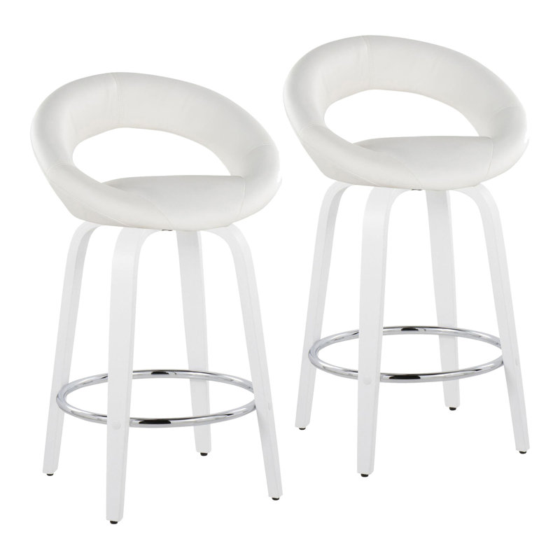 Tabouret de comptoir à hauteur fixe avec pivot en bois blanc et similicuir avec repose-pieds rond chromé - ensemble de 2