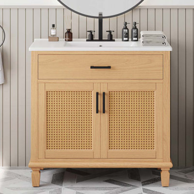 Meuble-lavabo avec lavabo en céramique, meuble-lavabo avec 2 portes à fermeture douce et 3 tiroirs