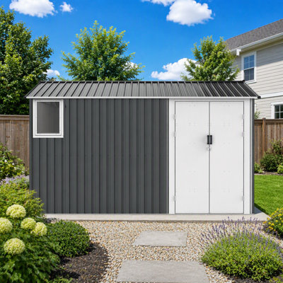 8x12 Ft Metal Outdoor Storage Shed with Window, Floor Base, Air Vents, and Double Hinged Door for Durable and Secure Storage