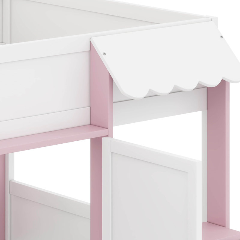Lit mezzanine double avec rangement, porte et fenêtre, structure de lit en bois avec rangement, Blanc / Rose