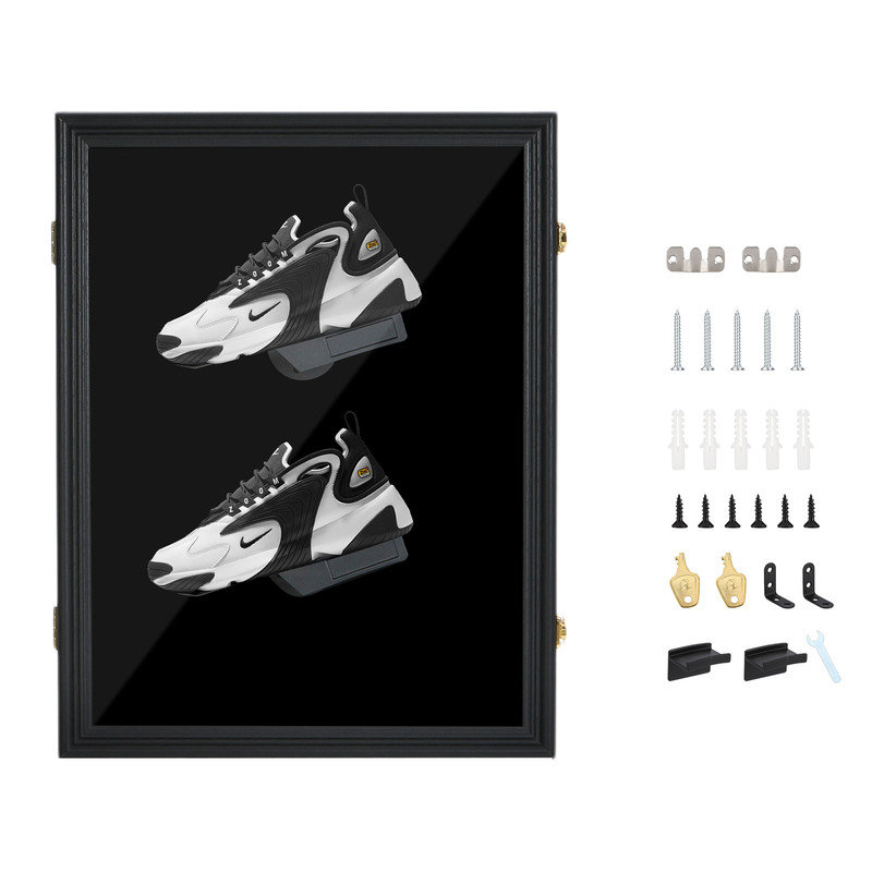 Vitrine à chaussures murale avec cadre en bois verrouillable et fenêtre en acrylique protégée contre les rayons UV (paquet de 1)