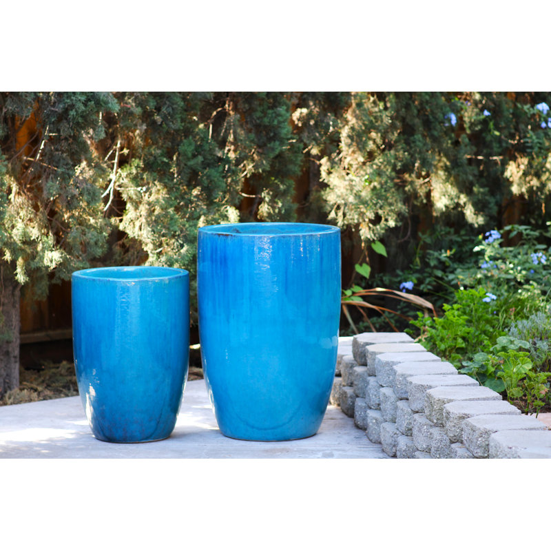 Grand pot de fleurs extérieur rond en céramique émaillée Le Beau (ensemble de 2), Turquoise en chute