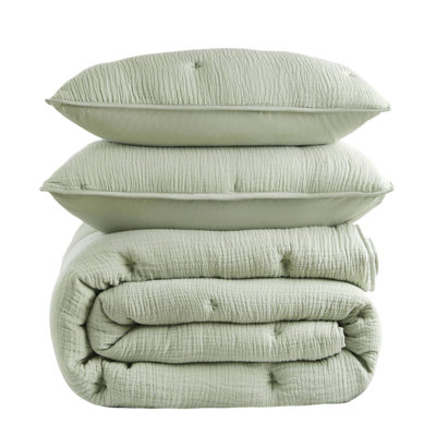 Sage 3 Full/Queen Cotton Gauze Quilt , Natural , All Season Warmth, Embroidered Tacking, Matching Shams Sage, Soft And Skin- Comfort,