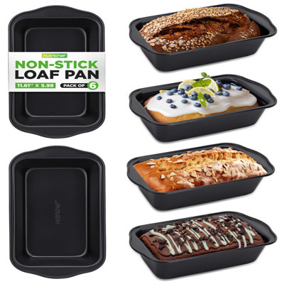 6 Piece Set of Non-Stick Loaf Pan with Easy Grip Handles for Baking Homemade Bread, Brownies and Pound Cakes (Black)