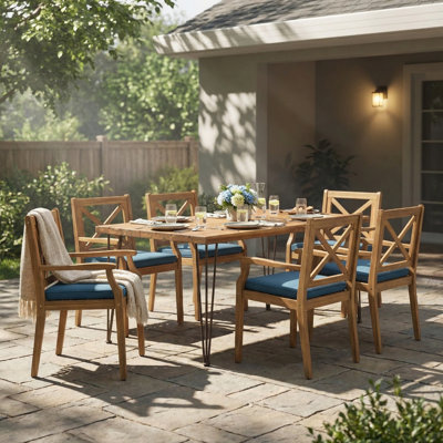 7 Pieces Acacia Wood Outdoor Dining Set With Blue Cushions,Modern 6 Chairs  1 Large Table,Dining Furniture Set For Lawn, Backyard, Garden Deck,Poolside,Teak