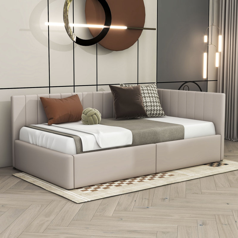 Upholstered Daybed With 2 Storage Drawers, Beige, Twin