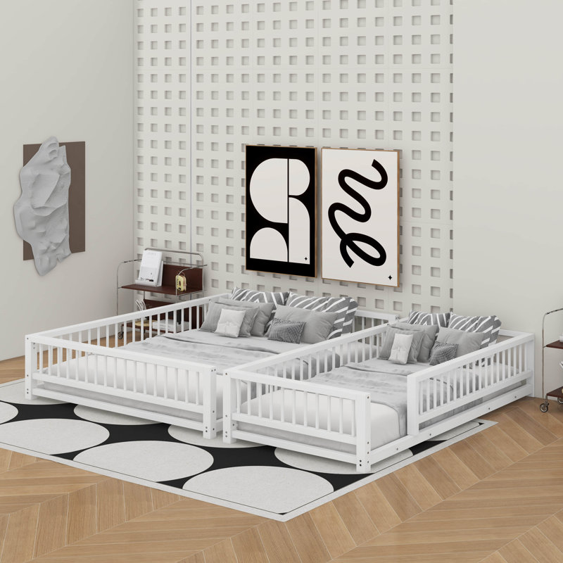 Twin XL Over Queen Floor Bunk Bed Frame With Ladder And Safety Guardrails, White
