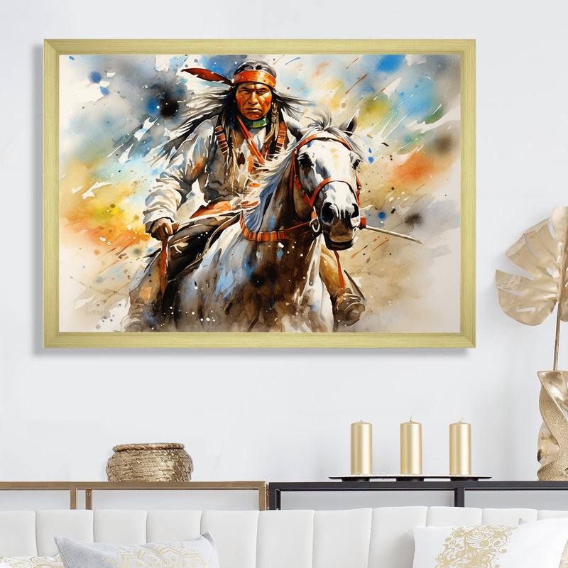 Colorful Native Indian Warrior - Native American Art Framed Canvas Print, Gold Single Picture Framed, 12" H x 20" W x 1" D