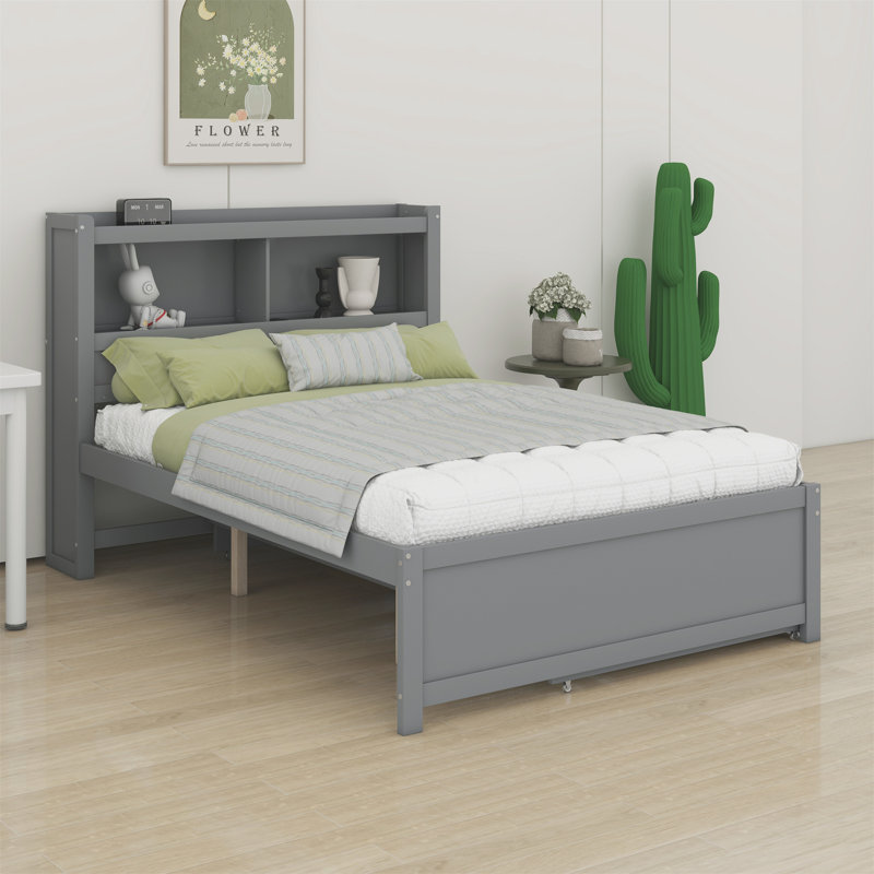 Lit plateforme avec lit gigogne, tiroirs et prises USB, Gris