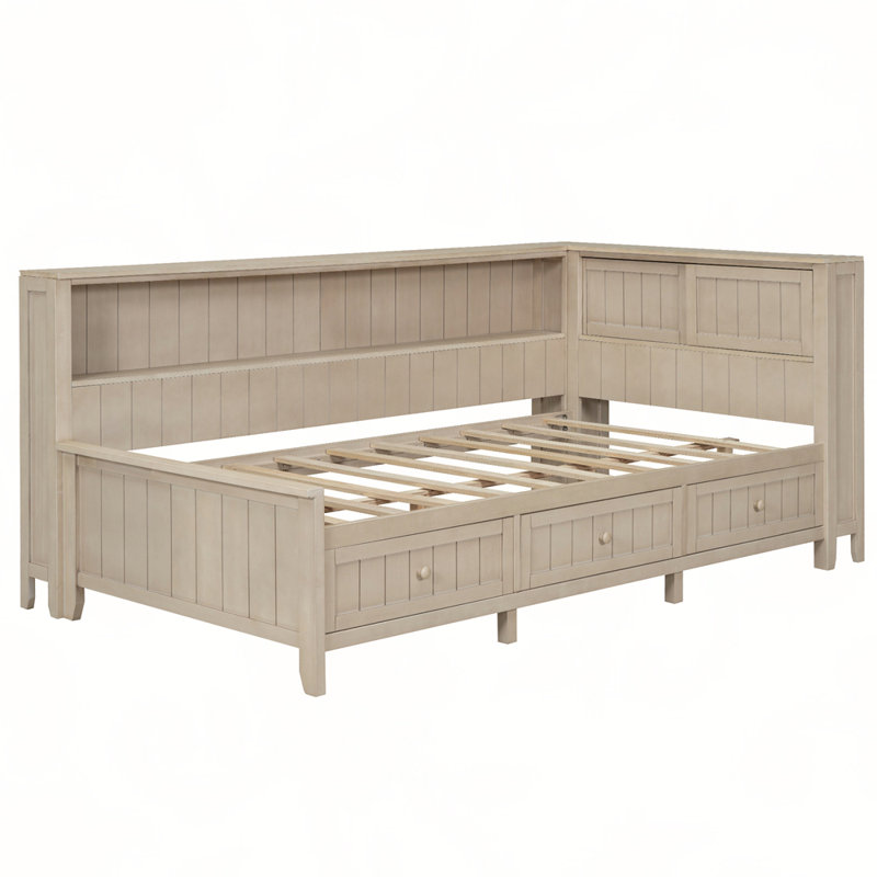 Lit de jour en bois avec tablettes de rangement et 3 tiroirs, Simple