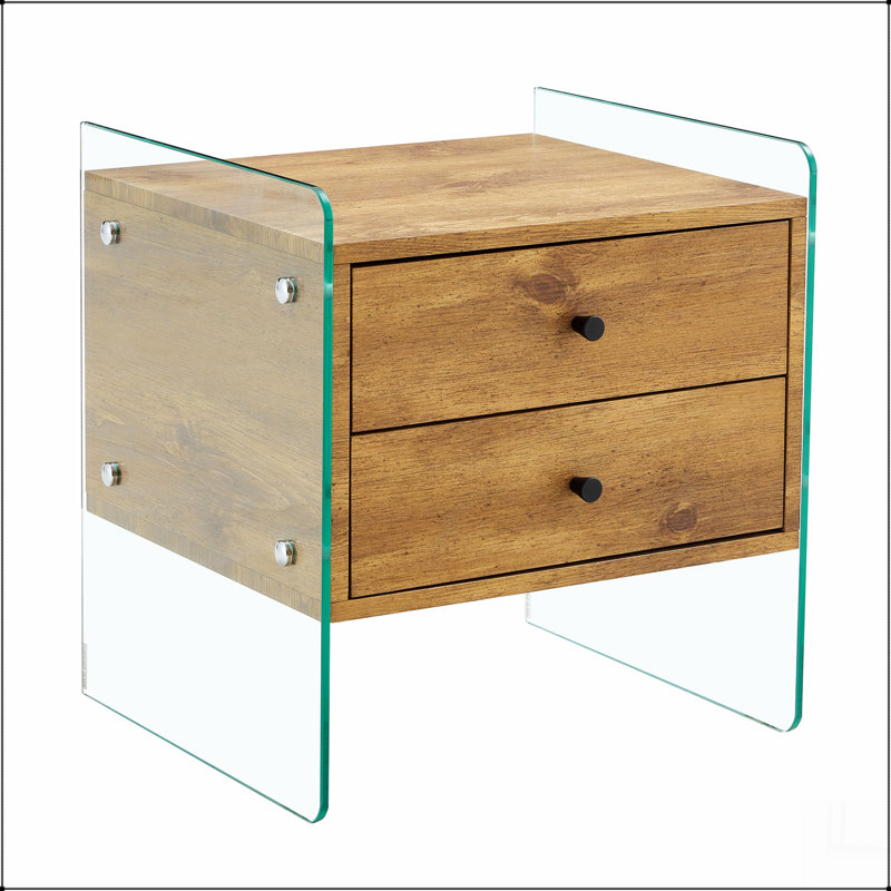 Table de chevet à double tiroir. La surface du panneau est en panneau de fibres à densité moyenne avec un autocollant en grain et les deux côtés sont en verre trempé. La conception est simple et élégante, avec d'excellentes fonctions de rangement.