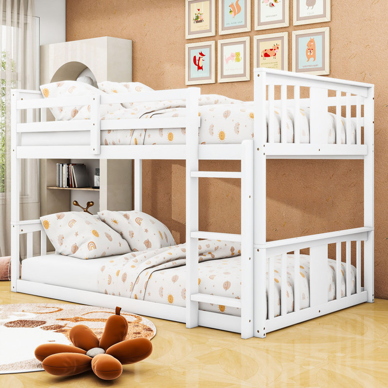 Twin Over Twin Wood Bunk Bed With Guardrails And Ladder, White