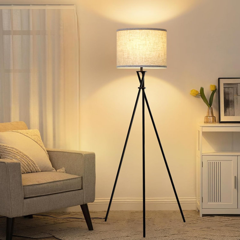 61" Modern Tripod Floor Lamp With Beige Shade, Rotary Switch, Stable Metal Base, Smart Home Compatible, No Bulb Included, Black & Beige For Living Room, Bedroom, Office