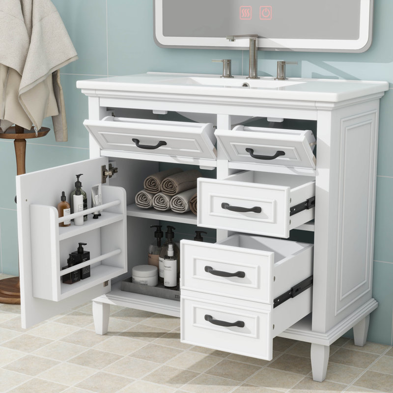 Meuble-lavabo 36 po avec lavabo, meuble-lavabo simple 36 po, meuble-lavabo 36 avec comptoir, 2 tiroirs rabattables, tablette réglable