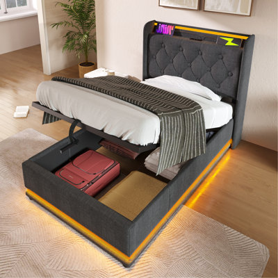 Lit tapissier, fonction DEL à 360 degrés, boutons / applications / télécommande, lit de rangement hydraulique avec chargement USB Type-C, lin (sans matelas)
