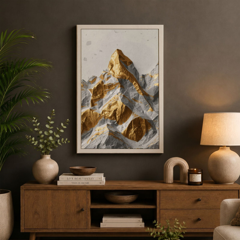 Mountain at Sunrise Scandinavian - Wrapped Canvas, 30x20 - 76.2 x 50.8 cm, Black Border