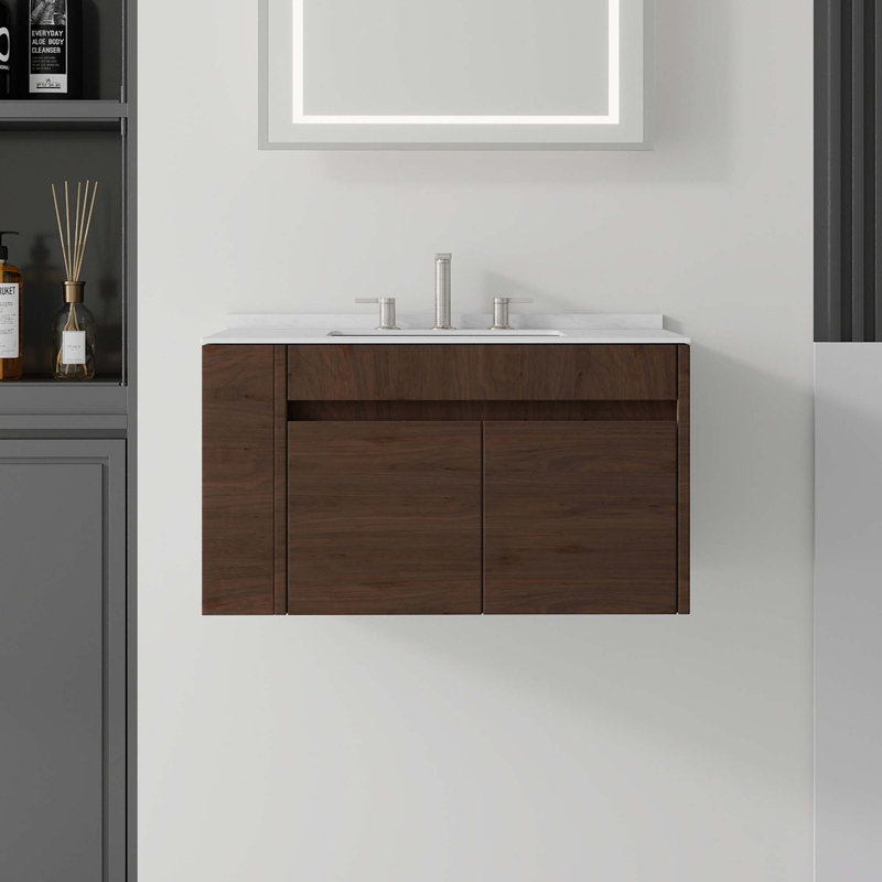 Meuble-lavabo flottant avec comptoir en marbre de culture et portes à fermeture en douceur, Brun