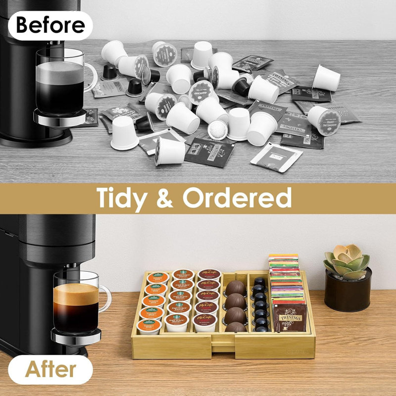 Organisateur de tiroir à café en bambou extensible, support réglable compatible avec les capsules, les sachets de thé et les ustensiles de cuisine pour le bureau à domicile et le comptoir de cuisine