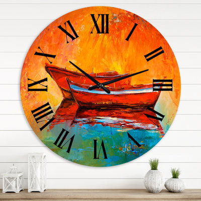 Two Red Boats During Evening Glow - Nautical & Coastal wall clock