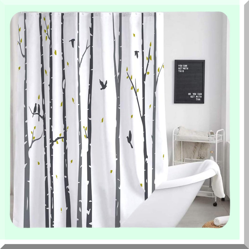 Rustic Birch Forest Shower Curtain - Neutral Grey Tree Design with Rowley Birds, Black and White Abstract Bathroom Decor, Hooks Included