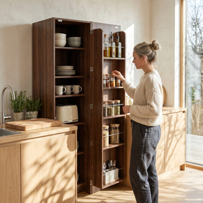 Modern Kitchen Pantry Cabinet with Adjustable Shelves and Side Storage Racks in Walnut