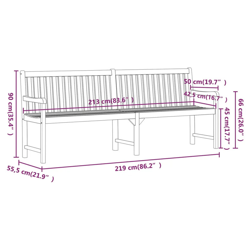 Abisha Solid Wood Acacia Outdoor Bench, 90 x 219 x 55.5cm